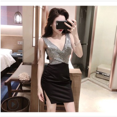 2019夏性感夜店禮服女裝拼接亮片V領(lǐng)鏤空露腰包臀開叉連衣裙H4233
