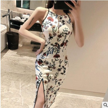 跨境女裝性感吊帶裙2019新款波浪邊開叉印花修身連衣裙禮服H4736