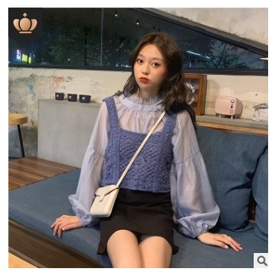 小香風套裝女氣質春秋新款色雪紡襯衫針織馬甲背心減齡兩件套潮