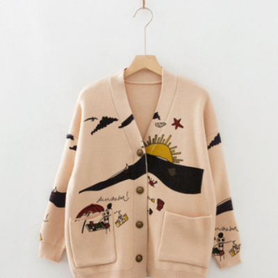 2020年秋冬可愛印花百搭長袖針織外套秋冬裝新款寬松開衫毛衣女潮