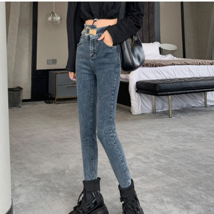 2021牛仔褲女裝春季新款高腰彈力鉛筆小腳褲時尚搭扣設計修身顯瘦