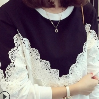 2019秋季新款女裝蕾絲長袖寬松圓領大碼胖MM百搭t恤衛衣打底衫女