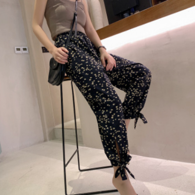 冰絲褲子女夏季2020新款高腰褲子寬松雪紡哈倫涼涼防蚊印花燈籠褲