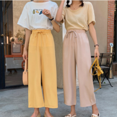 休閑雪紡闊腿褲2020新款春夏tb高腰褲子寬松顯瘦百搭九分直筒褲女