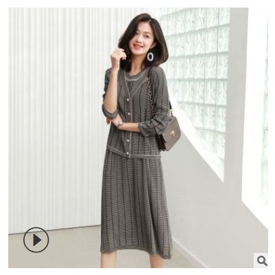 2021春季新款韓版女裝開衫連衣裙兩件套優雅通勤格子針織衫裙套裝