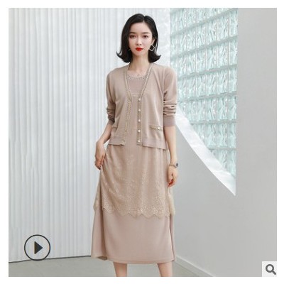 2021春季新款時尚女裝外套連衣裙套裝蕾絲拼接針織開衫裙子兩件套