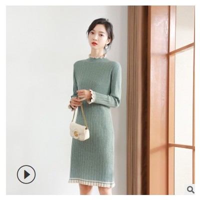 秋冬季木耳邊羊毛混紡套頭針織連衣裙2020新款韓版條紋女裝打底裙