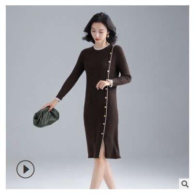 秋冬季圓領套頭針織連衣裙2020新款修身顯瘦長袖女裝木耳邊打底裙