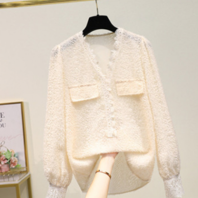 2021新款韓版蕾絲V領內搭毛絨絨顯瘦打底襯衫上衣女胖MM大碼女裝