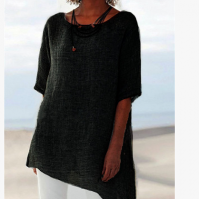 2020歐美跨境外貿秋夏季新款女裝純色圓領中袖不規(guī)則套頭T恤上衣