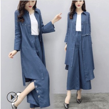 女士春裝2020新款時(shí)尚套裝休閑牛仔兩件套不規(guī)則襯衫闊腿褲氣質(zhì)潮
