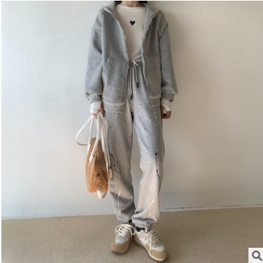 thesumey休閑潑墨衛褲女2020冬秋冬新款時髦寬松束腳運動褲女加絨