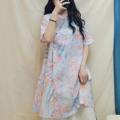 2020夏季亞麻數(shù)碼印花短袖裙子 中長款復(fù)古斜襟雅致連衣裙