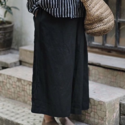 2020春款新品純色系帶抽繩純亞麻闊腿褲女文藝復(fù)古大碼百搭休閑褲