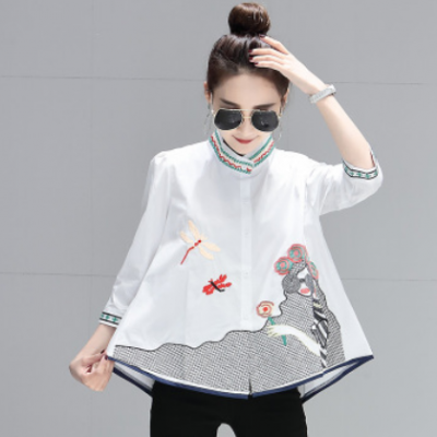 歐洲站春裝新款2020襯衫女韓范百搭繡花立領(lǐng)A字娃娃衫襯衫女