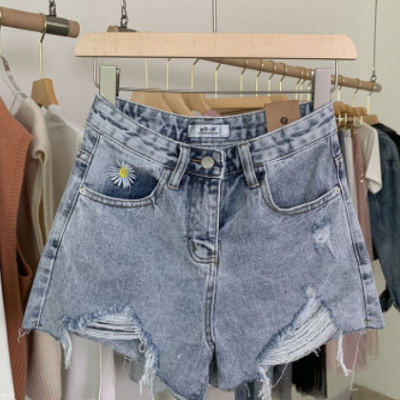 【一件代發(fā)】刺繡雛菊寬松破洞闊腿高腰牛仔短褲