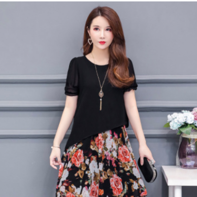 胖mm大碼女裝2019夏季新款顯瘦圓領雪紡印花中長款短袖A字連衣裙