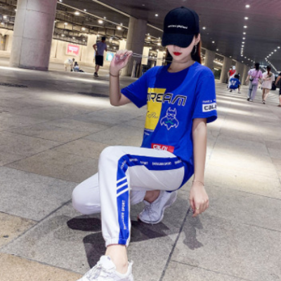 時尚運(yùn)動套裝女2021新款韓版大碼女裝顯瘦短袖兩件套休閑女套裝潮