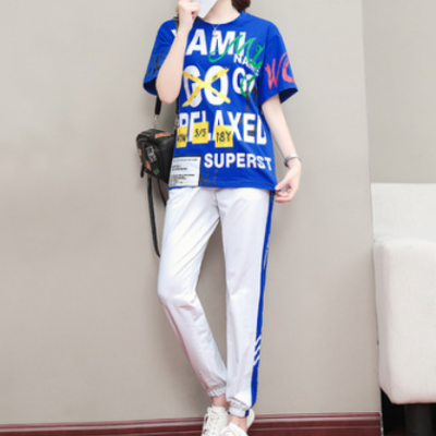 時尚休閑運(yùn)動套裝2021夏季新款字母寬松大碼女裝運(yùn)動跑步服兩件套