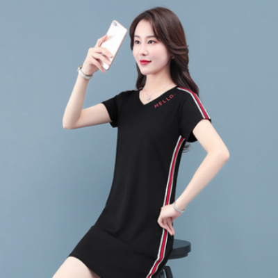 連衣裙女2021夏季新款V領(lǐng)短袖體恤寬松顯瘦大碼連衣裙mm裙子女裝