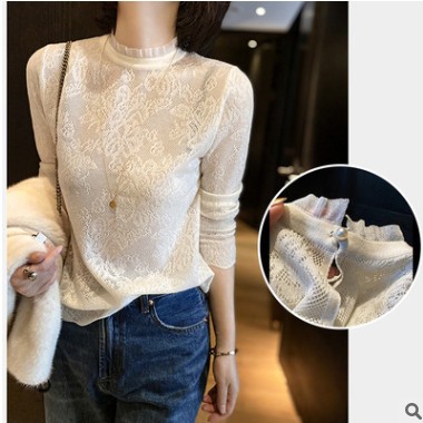 2021年早春裝新款女很仙的別致設(shè)計(jì)感小眾白色蕾絲衫打底襯衫上衣