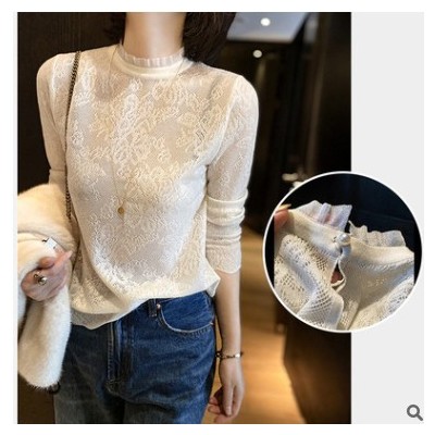 2021年早春裝新款女很仙的別致設(shè)計(jì)感小眾白色蕾絲衫打底襯衫上衣