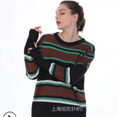 2019秋冬季AC新款條紋拼接全羊毛毛衣套頭針織衫外套女裝一件代發(fā)