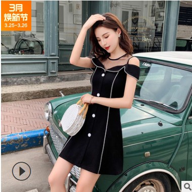 2021夏季新款韓版收腰顯瘦圓領(lǐng)短袖小黑裙洋氣簡約連衣裙女潮