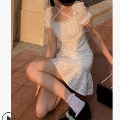 方領白色仙女裙chic溫柔小個子短款心機氣質收腰亮片連衣裙子女夏