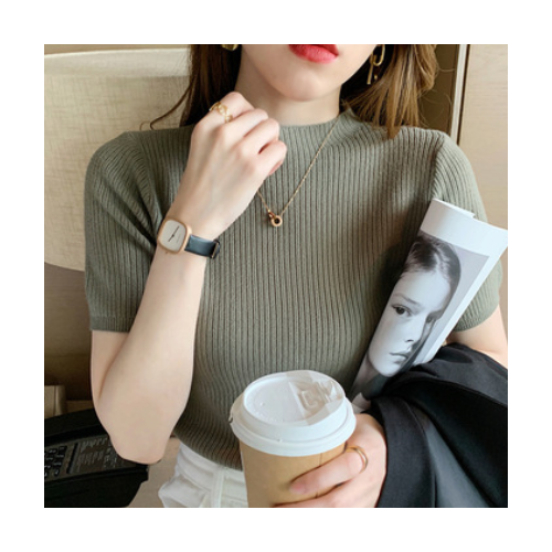 2021春夏新款半高領(lǐng)針織衫打底衫內(nèi)搭修身顯瘦上衣短袖T恤女