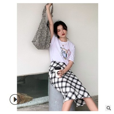 FINOA 費挪 格子半身裙女2021夏季韓版高腰包臀直筒中長裙515