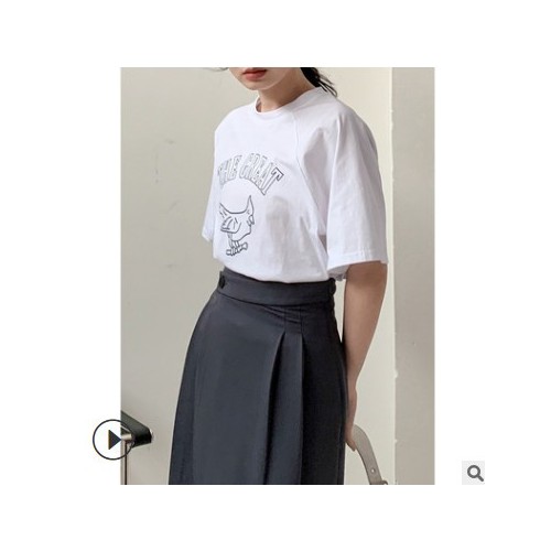 FINOA費挪2021新款女裝套頭通勤短袖印花圓領寬松棉t恤8150