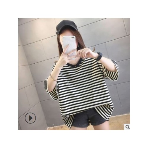 特大碼女裝300斤純棉條紋短袖t恤女加肥加大200斤遮肚胖mm上衣女