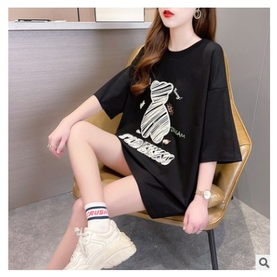 胖mm2021新款學(xué)生上衣ins潮夏季印花韓版寬松大碼女裝短袖t恤女1