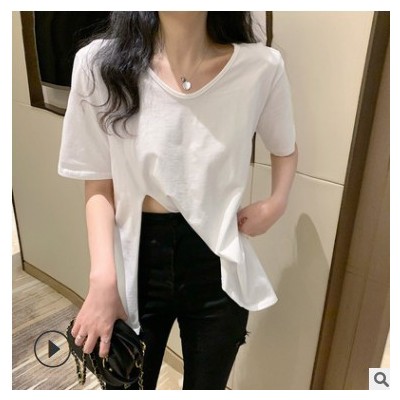 夏季女裝T恤2021新款韓版設(shè)計側(cè)開叉純色短袖t恤女V領(lǐng)寬松上衣潮