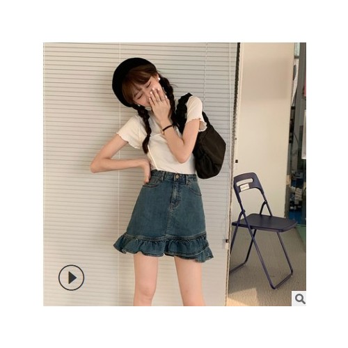 2021夏季新款韓版荷葉邊彈力牛仔半身裙女高腰顯瘦A字包臀裙短裙