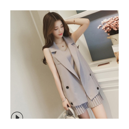 春夏季中長款西裝馬甲外套+百褶吊帶連衣裙時尚套裝女休閑兩件套