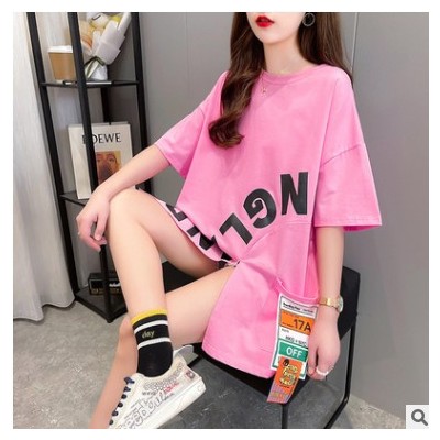 實拍3鹽系上衣小心機新款韓版半袖寬松圓領t恤女中長款上衣潮跨境