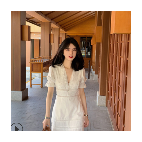 2021春季新品韓版氣質(zhì)度假法式少女蕾絲邊領(lǐng)木耳邊短袖連衣裙女