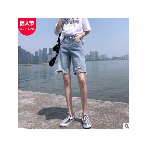牛仔短褲女夏裝2021新款韓版寬松破洞高腰顯瘦百搭直筒闊腿五分褲