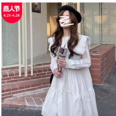 夏季2021年新款韓版寬松娃娃領減齡學生中長款長袖白色連衣裙女潮