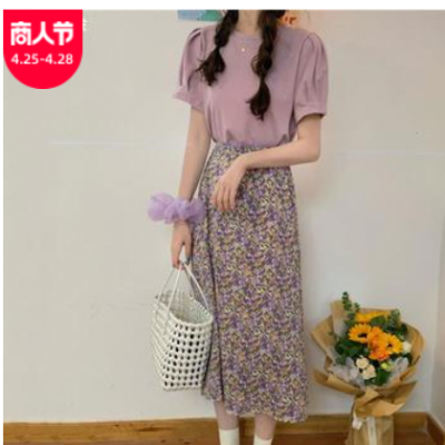 套裝2021年新款女韓版寬松泡泡袖短袖T恤高腰顯瘦碎花A字半身裙子