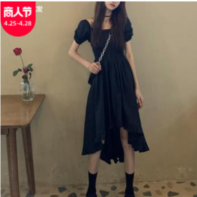 赫本風小黑裙子女連衣裙設計感小眾法式復古方領泡泡袖不規則長裙