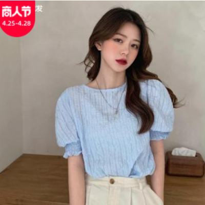 春夏新品夏季韓版設計感小眾法式雪紡泡泡袖圓領短袖女衫襯衣