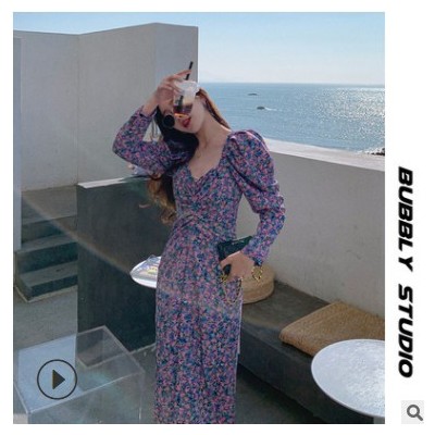 方領泡泡袖碎花裙2021夏季新款長袖茶歇法式連衣裙子女東大門女裝