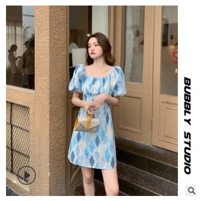 方領泡泡袖菱格印花連衣裙小個子2021夏季新款韓版收腰一字肩裙子