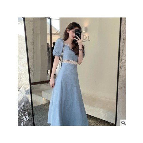 女裝 2021夏季新款女法式茶歇方領藍色半身裙夏a字連衣裙chic裙子