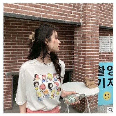 2021夏季新款韓版卡通印花短袖白色t恤女設計感寬松洋氣減齡上衣
