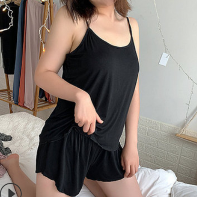 睡衣夏季薄款吊帶兩件套夏天性感牛奶絲無(wú)袖短褲睡衣套裝女夏