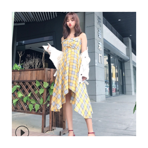 格子吊帶裙新款chic連衣裙女夏季露肩收腰顯瘦裙子2020閨蜜